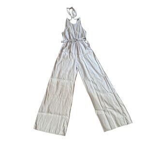 ZARA Wide Leg Halter Neck Jumpsuit Beige Linen Blend Tie Waist Belted